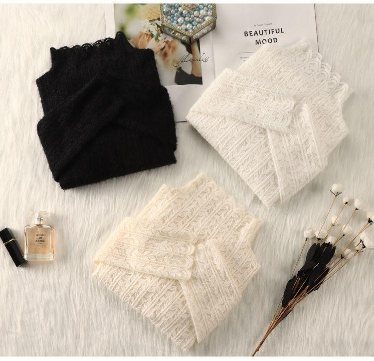 Топ из сетки с высоким воротником и кружевом с начесом для женщин - Модный осенне-зимний слой