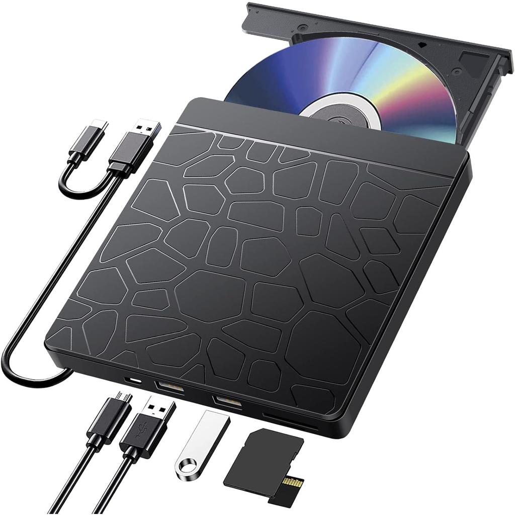External CD DVD Drive with SD TF Slot & USB Ports, USB 3.0 Type-C Portable CD DVD +/-RW Drive Reader Burner Rewriter for Laptop