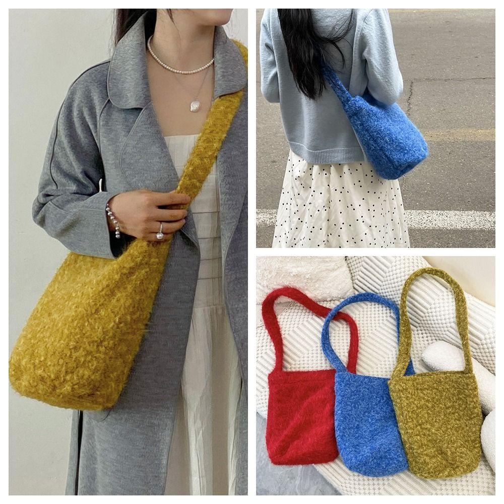 Cute Wool Tote Bag Sweet Shoulder Bag Portable Plush Bucket Bag Shopping