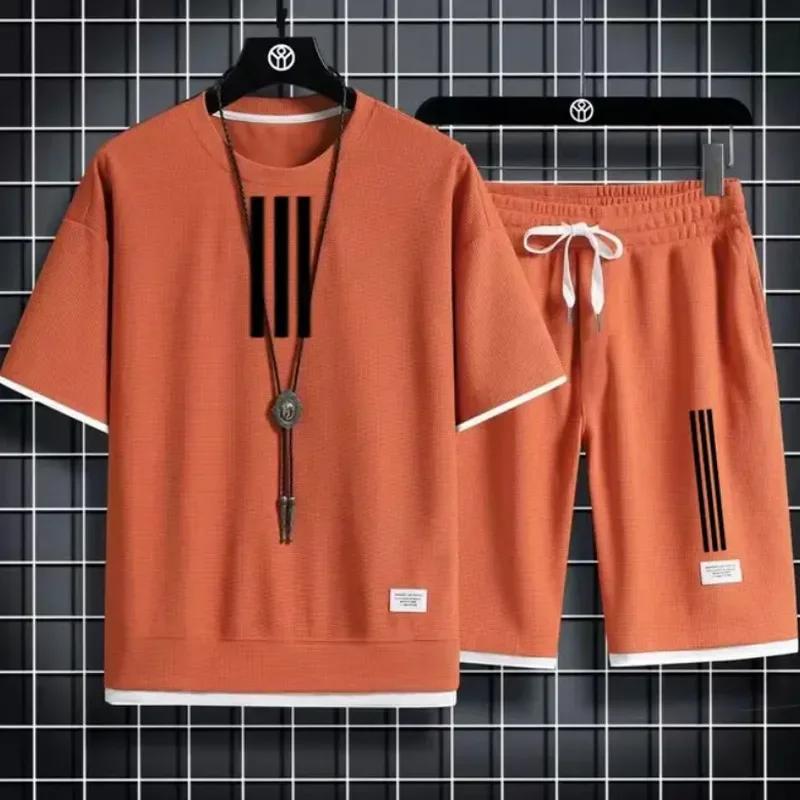 Adida Новые мужские спортивные костюмы 2 шт. Костюмы с коротким рукавом с принтом Футболка + спортивные штаны Комплекты Sutdent Повседневная летняя спортивная одежда