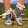 Beige & Blue Plaid Chunky Low Heel Lace-Up Ankle To Mid-Calf Booties - Round Toe Casual Winter with Sole & Fabric Upper