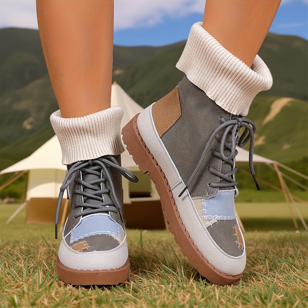 Beige & Blue Plaid Chunky Low Heel Lace-Up Ankle To Mid-Calf Booties - Round Toe Casual Winter with Sole & Fabric Upper