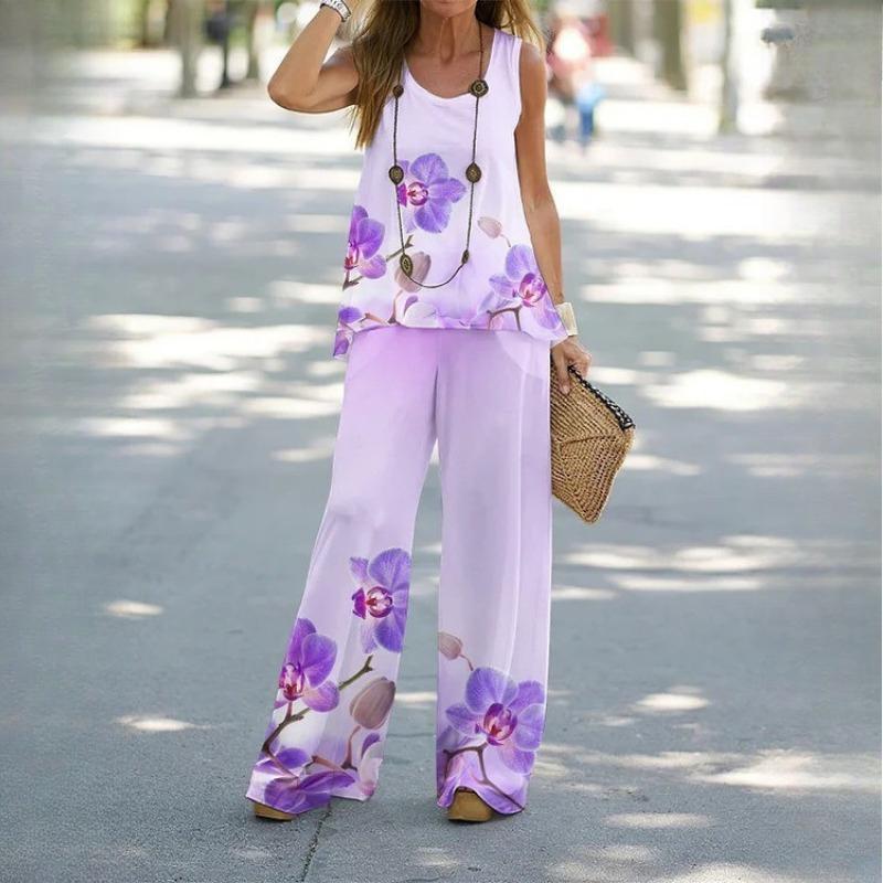 QICED Женский повседневный костюм из двух частей с принтом, жилет с эластичной талией, брюки, женский костюм