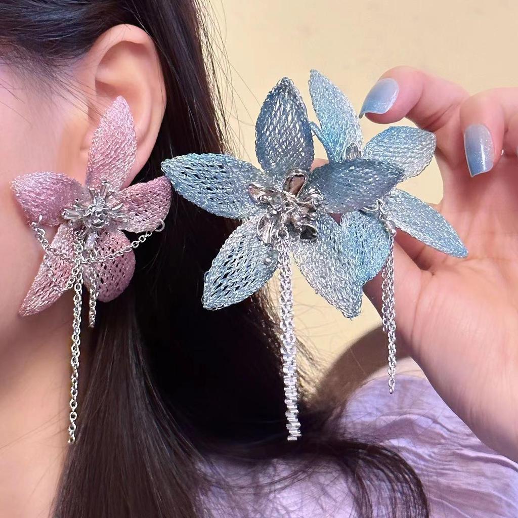 Exquisite Pink Lace Flower Necklace & Tassel Earrings Set