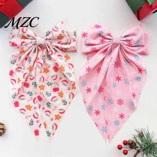 Festive Bow Barrettes for Girls Christmas Pink Hair Clip, Large Fabric Hairpin with Santa Clip Claus/Snowman/Snowflake Print Holiday Party and