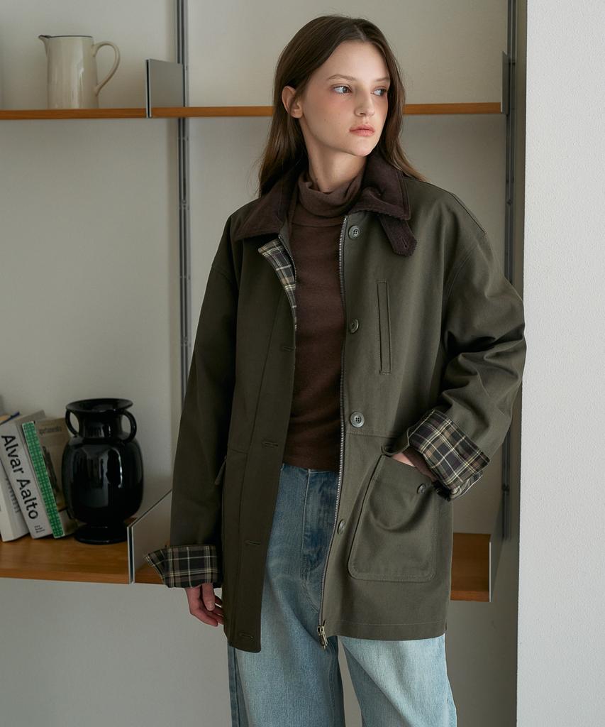 DEHEVE Check Sleeve Work Jacket [Khaki]