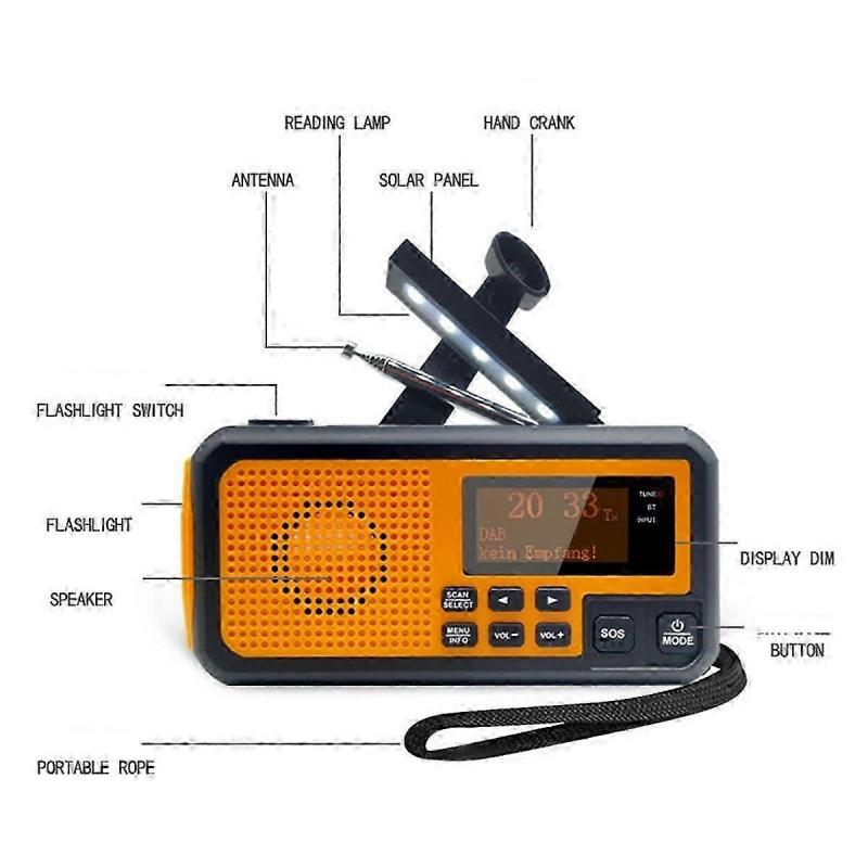 DAB373BT Crank Radio +FM BT Emergency Radio with 5000 MAh Battery Solar with Alarm Clock Blackout E