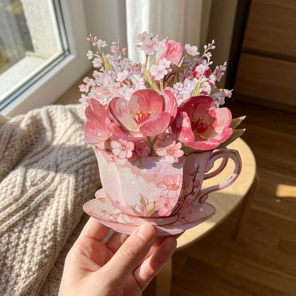 Paper Sculpture Flowers Teacup Greeting Card Surprise Gifts 3D Pop Up Bouquet Card Mother's Day