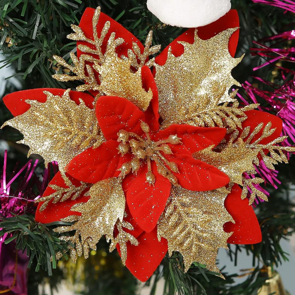 Glitter Artificial Poinsettia Flowers Christmas Tree Ornament Home Decor Sparkling New Year's Xmas Festive Flower Heads