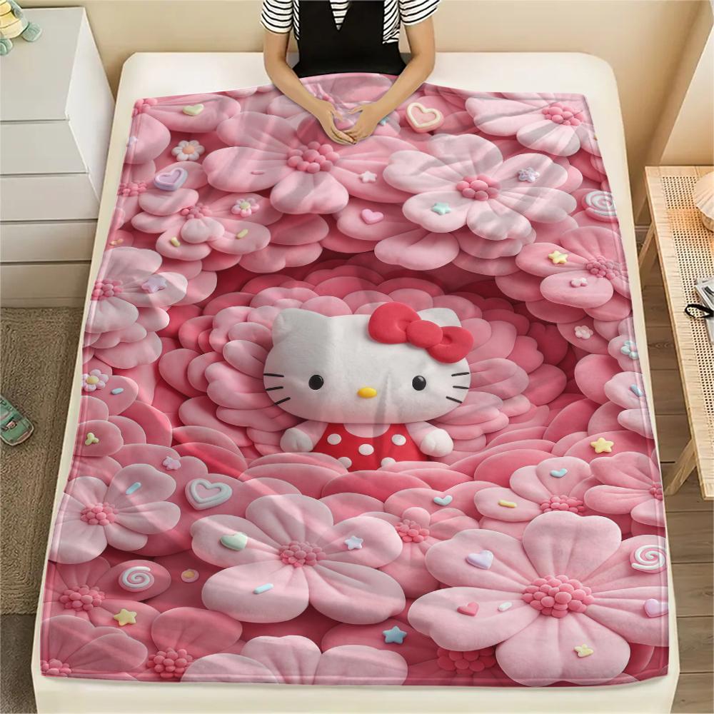 1 шт. Розовое фланелевое одеяло Hello Kitty с принтом, Высококачественное, Для всех сезонов, Декор для дома, Тепло и комфорт, Идеально для рождественских подарков