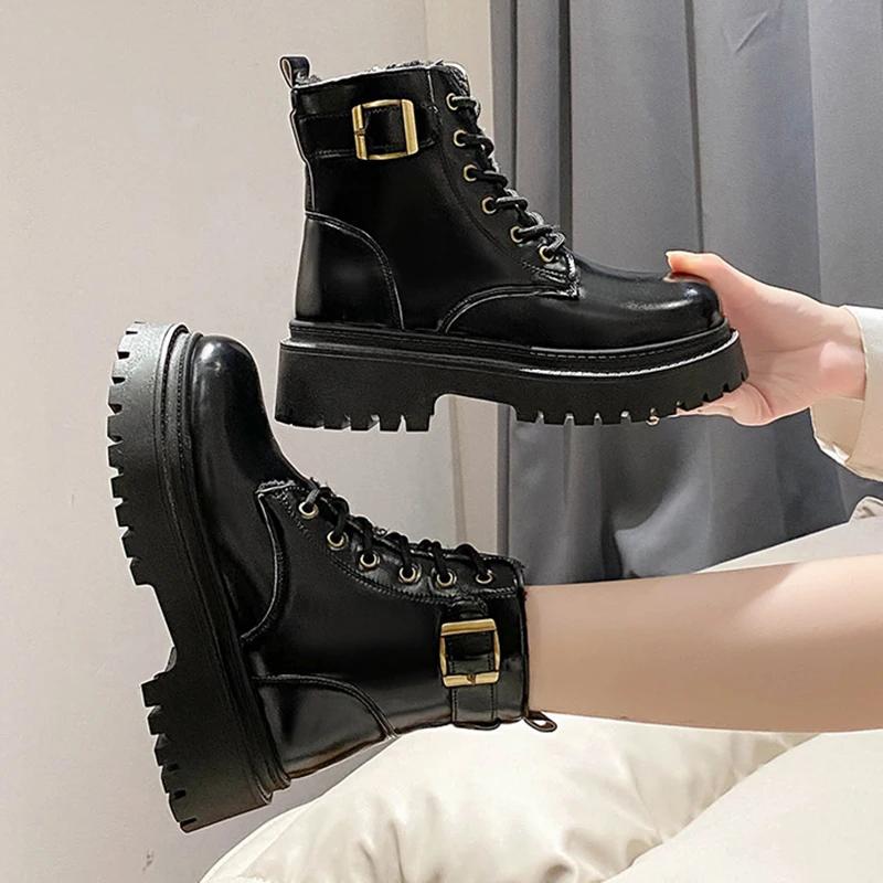 Fashion Chunky Platform Combat Boots for Women 2024 Winter Thicken Warm Plush Ankle Boots Woman Punk Thick Bottom PU Leather Botas Mujer