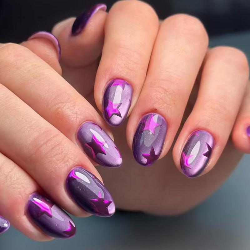 24Pcs Glitter Purple Nails Short Almond Head Press on Fake Nails Wearable Bow Love-heart Pattern Design Full Cover Nail Tips