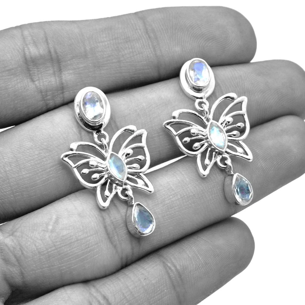 Sterling Silver Butterfly Earrings: Dangle Moonstone Jewelry