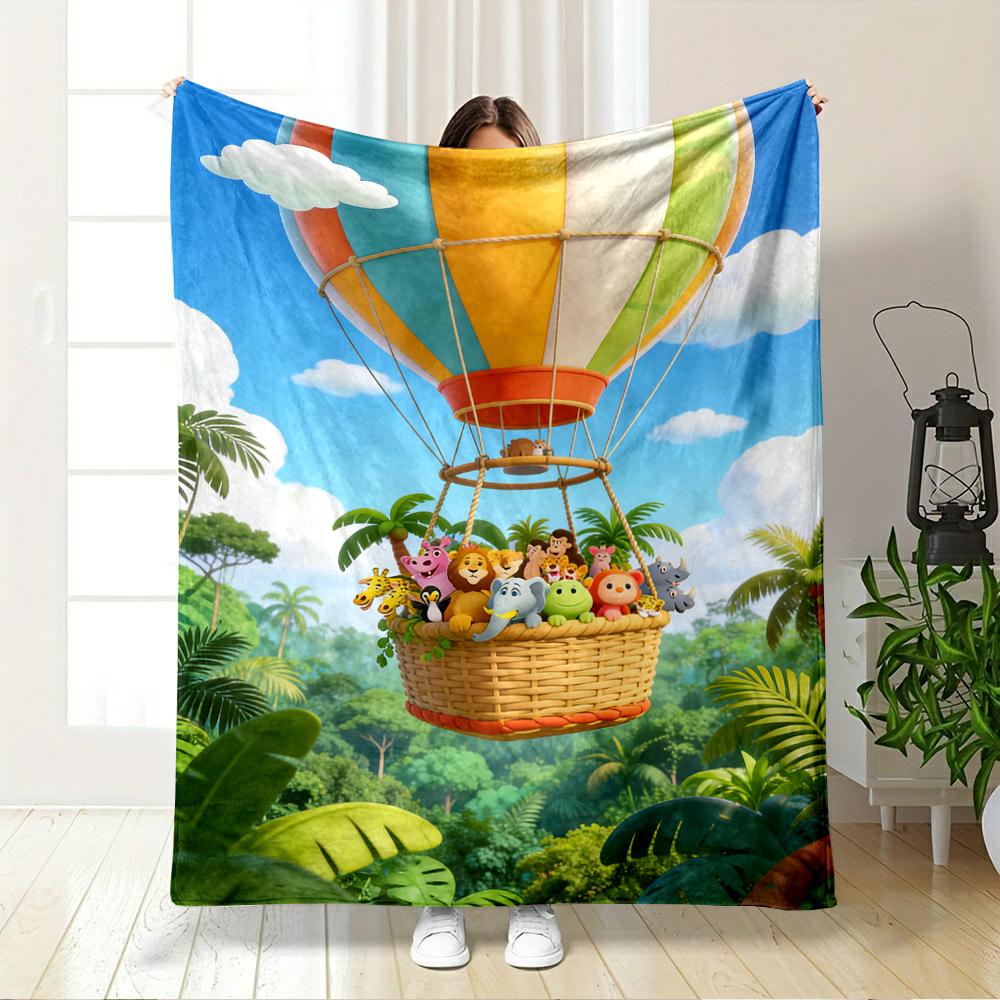 Colorful hot air balloon with cute jungle animals. Flannel blanket for bedroom, living room, sofa, and nap sofas.