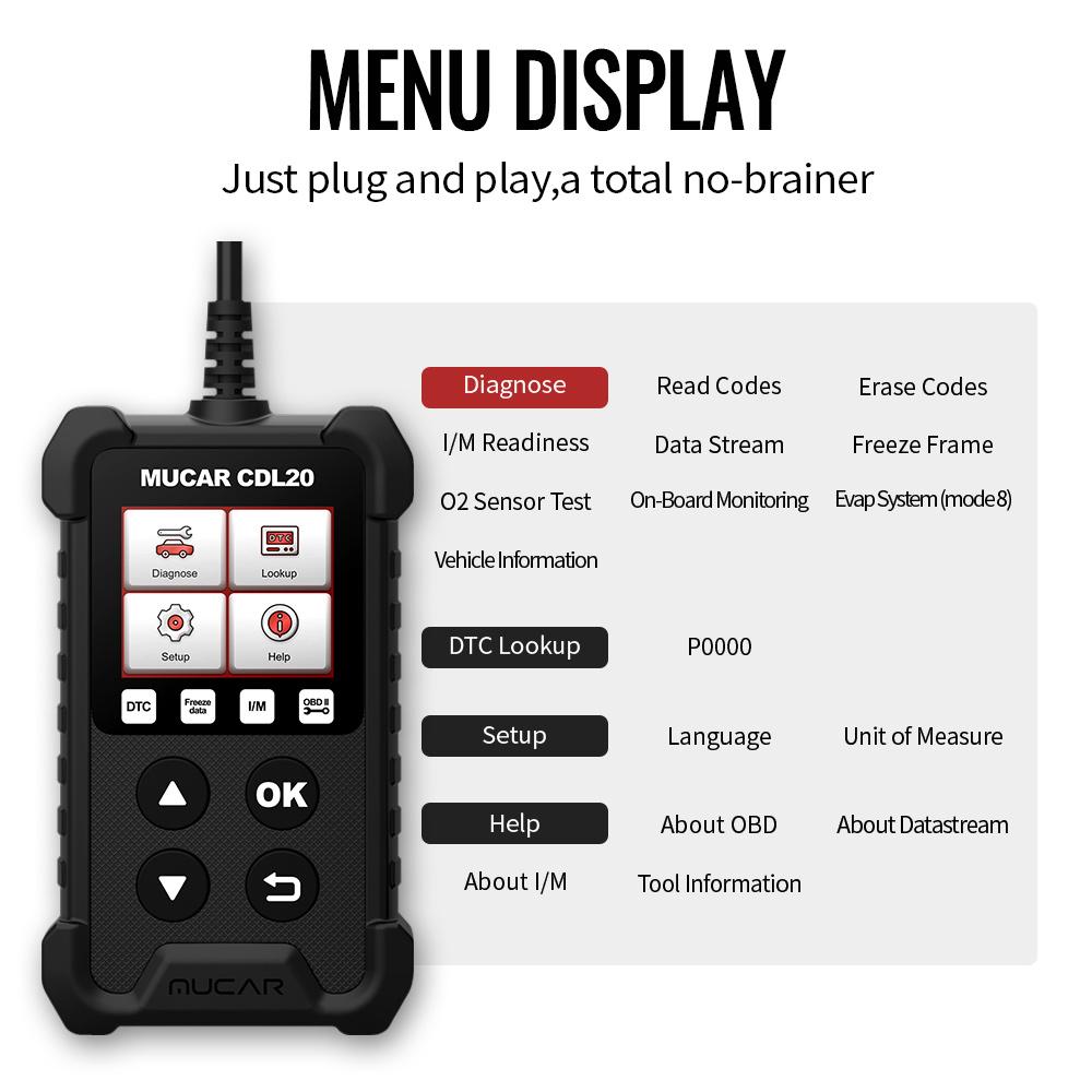 MUCAR CDL20 OBD2 Автомобильные диагностические инструменты Бесплатный считыватель кодов OBD 2 Сброс индикатора «Check Engine» Тест на выбросы Автосканер