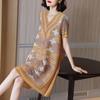 Printed Large Size Women's Mother High-end Pleated Method Dress Autumn New Female Fat Mm Slim A Word Dress Clothing