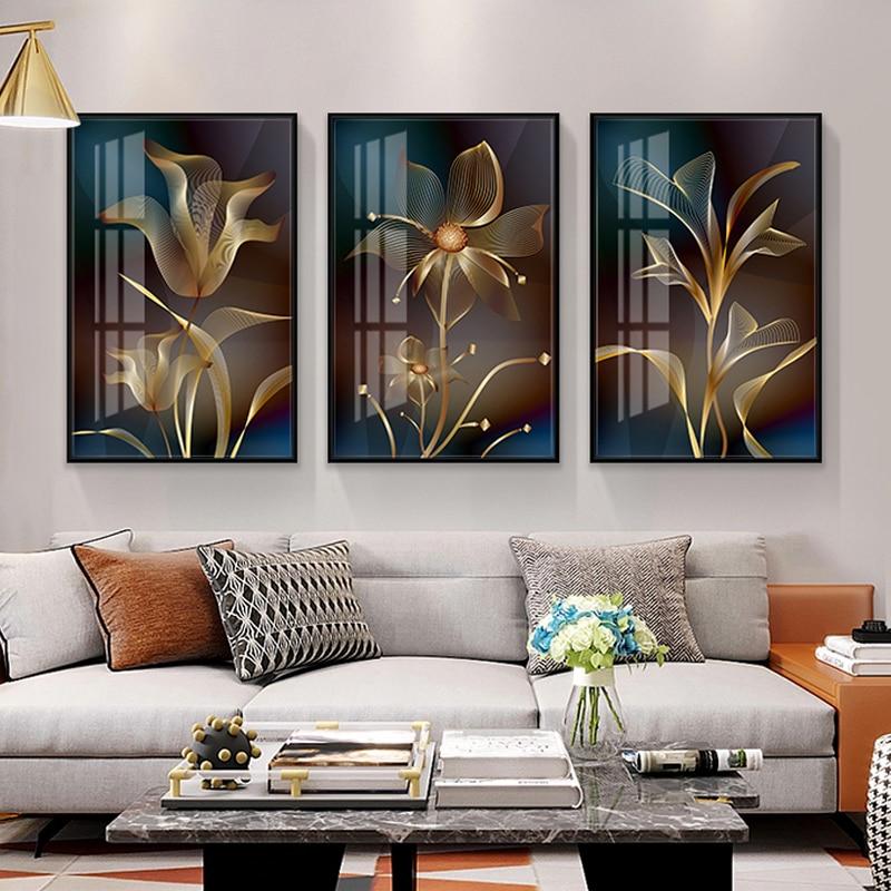 Abstract Black Golden Flower Luxury Poster Nordic Art Plant Leaf Canvas Painting Modern Wall Picture for Living Room Decor