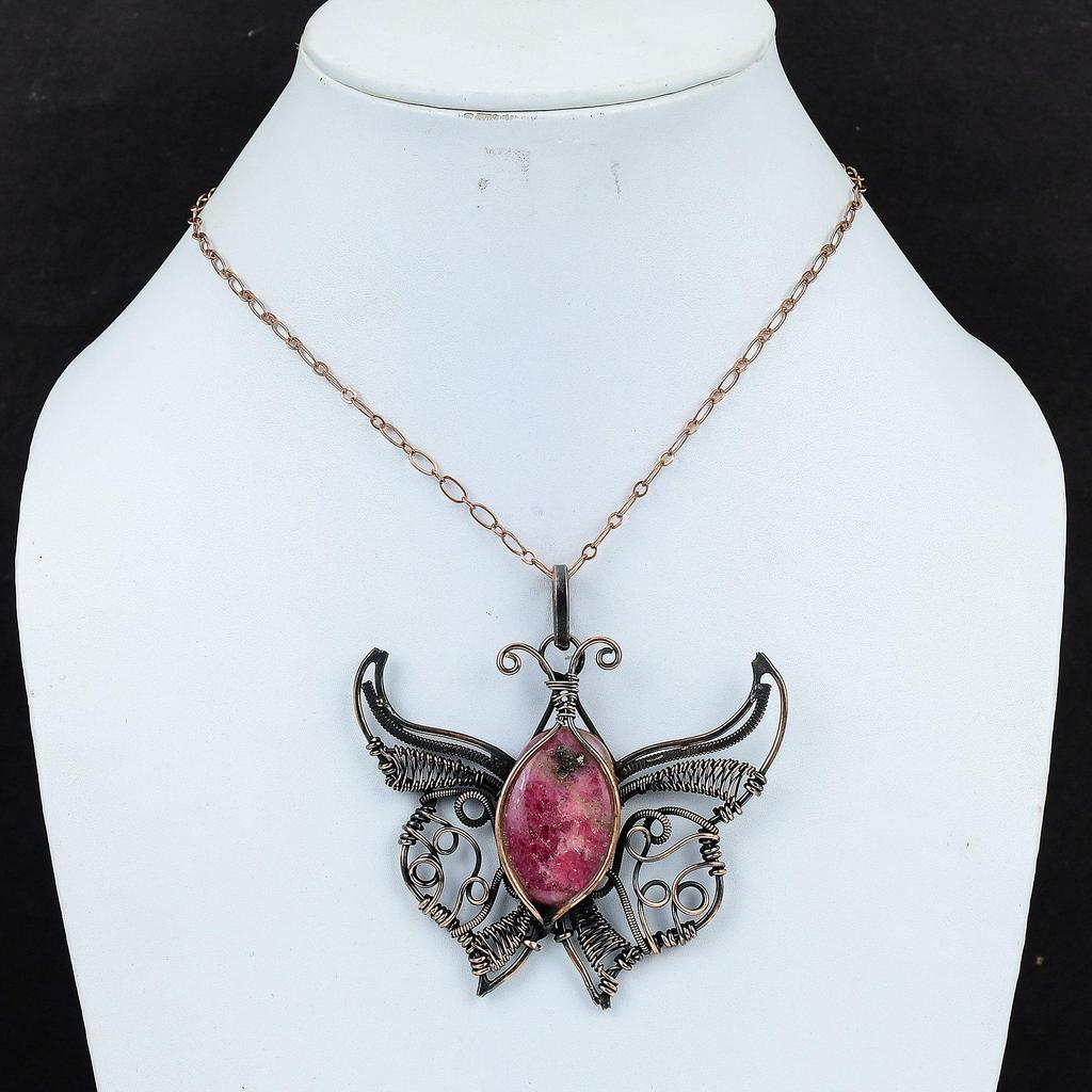 Rhodonite Pendant Copper Wire Wrapped Pendant Gemstone Jewelry Handmade Pendant Designer Jewelry Butterfly Pendant Copper Jewelry For Gifts