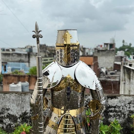 Full Body Medieval Crusader Knight Armor  Polished Stainless Steel Suit with Display Stand for LARP, Cosplay, and Historical Reenactments