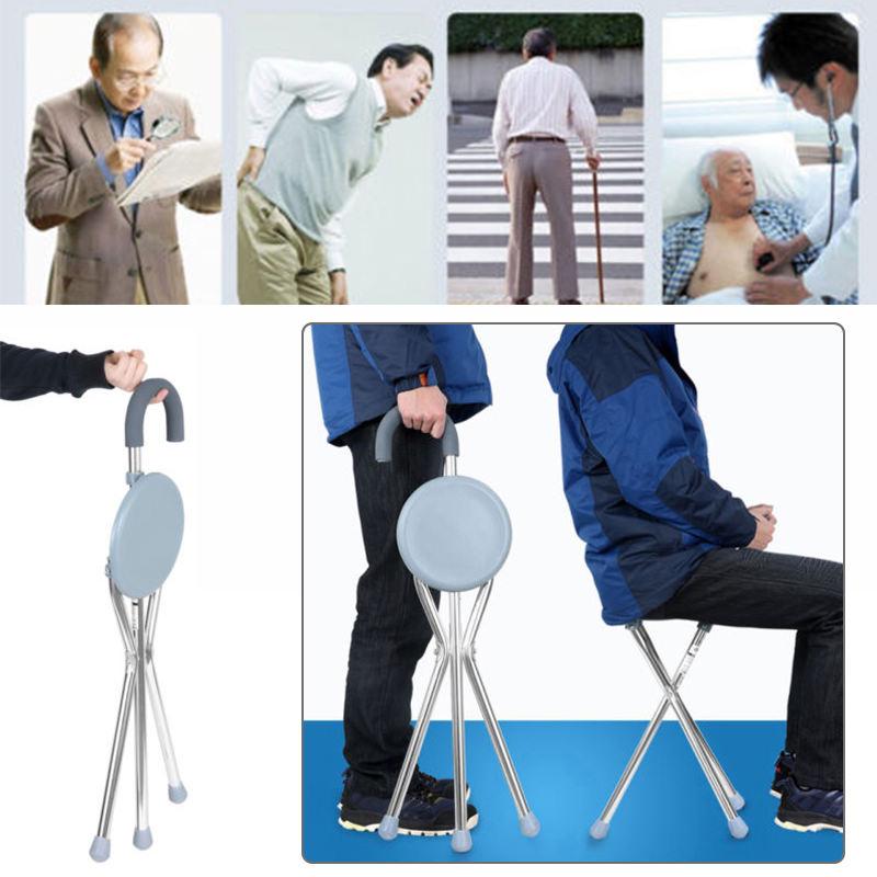 Portable Aluminium Walking Stick Folding Tripod Stool Travel Cane Chair Seat