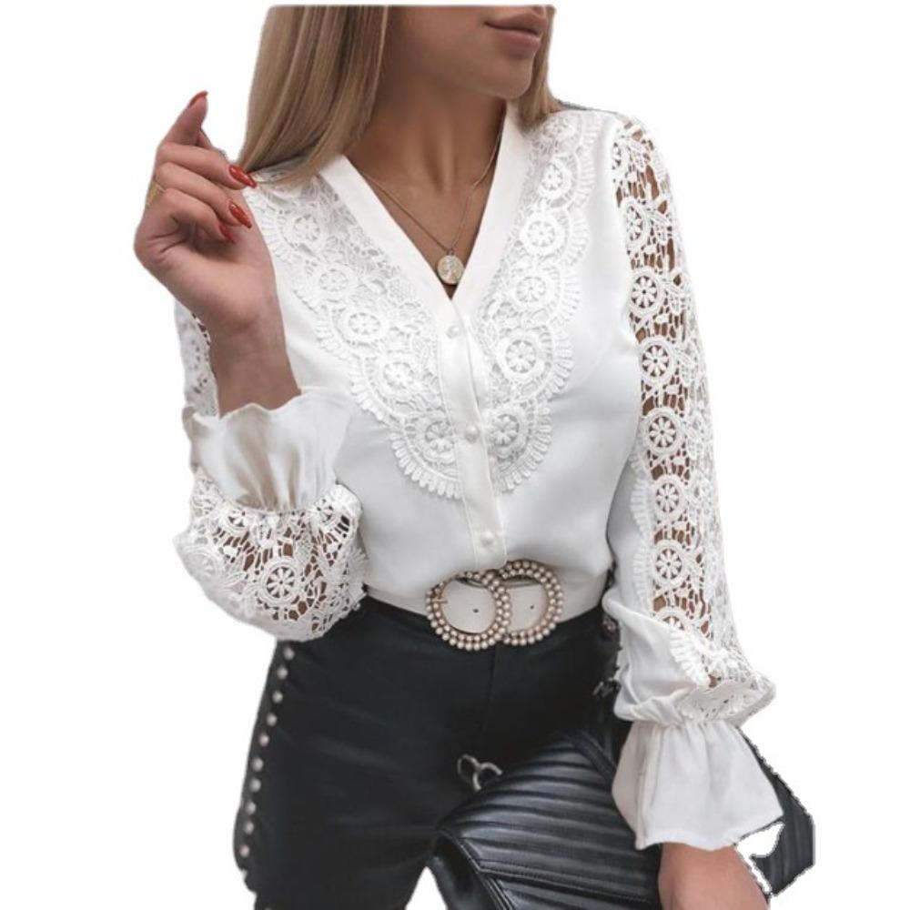 BITCED Женская весенне-летняя модная кружевная блузка с длинным рукавом и v-образным вырезом на пуговицах