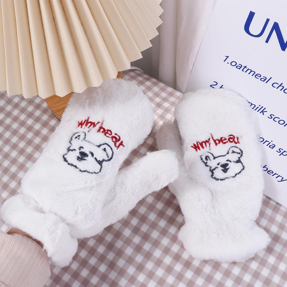 Милые зимние мультяшные женские перчатки-митенки с полными пальцами в виде медведя, теплые перчатки, плюшевые перчатки