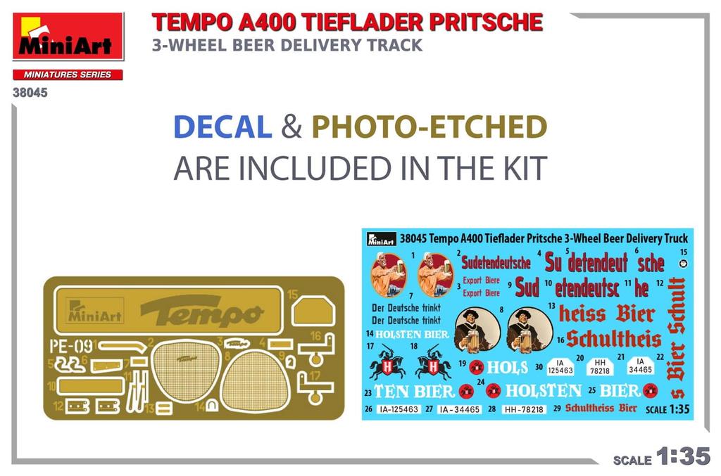 Miniart Tempo A400 Чай Фладер Притче Грузовик для доставки пива Пластиковая модель MA38045 1/35 3-колесный