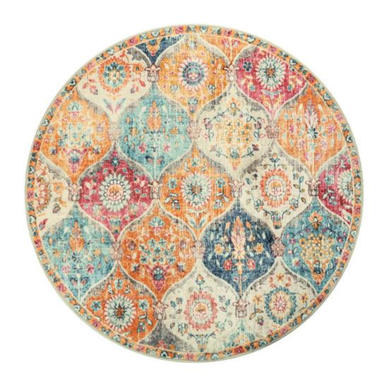 Round Moroccan Area Rug Vintage Flower Print Washable Living Room Bedroom Office