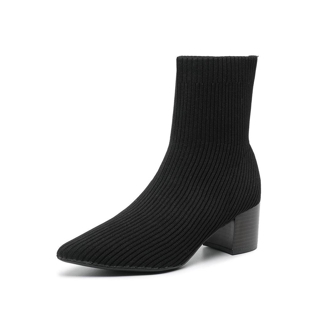 Женские вязаные зимние ботинки большого размера с острым носком, повседневные короткие, на толстой подошве, мягкие, эластичные, ботинки Martin, рыцарские туфли 34-43