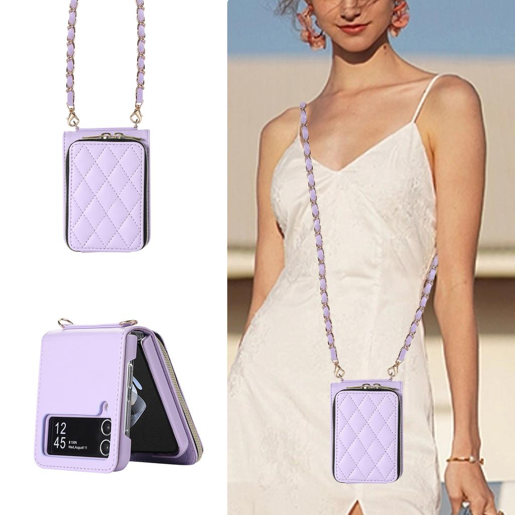 Crossbody Leather Zipper Cards Solt Wallet Case For Samsung Galaxy Z Flip 5 4 3 Z Fold 5 Fold4 Fold3 Metal Chain Lanyard Cover