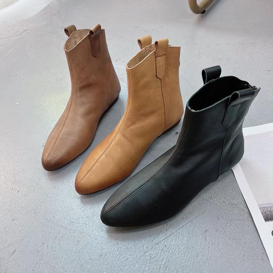 Johnature Женские полусапоги в стиле ретро, ​​однотонные туфли из натуральной кожи, ботильоны ручной работы с круглым носком на молнии сзади