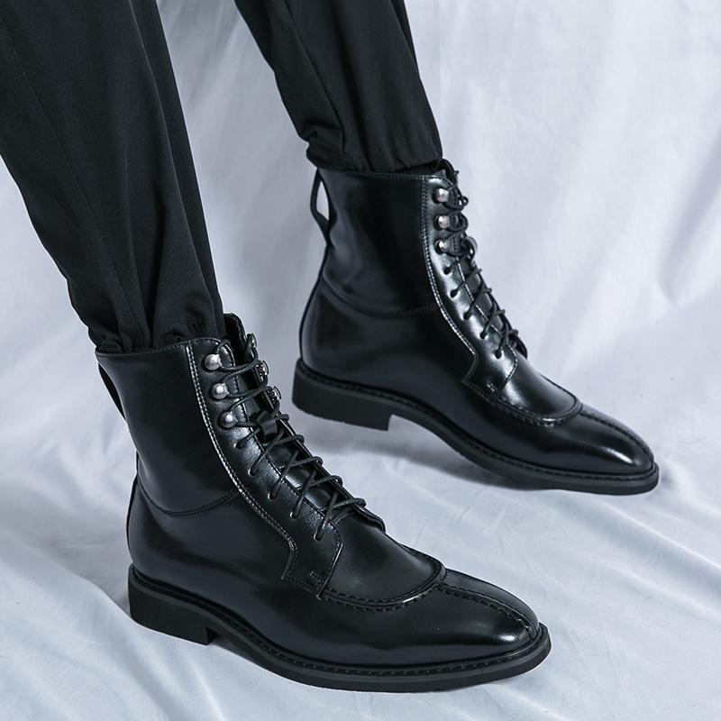 Winter New Luxury Motorcycle Boots Point-Toe Leather Boots Men Business Chelsea Boots Men Style Ankle Boots Riding Boots Lace-up