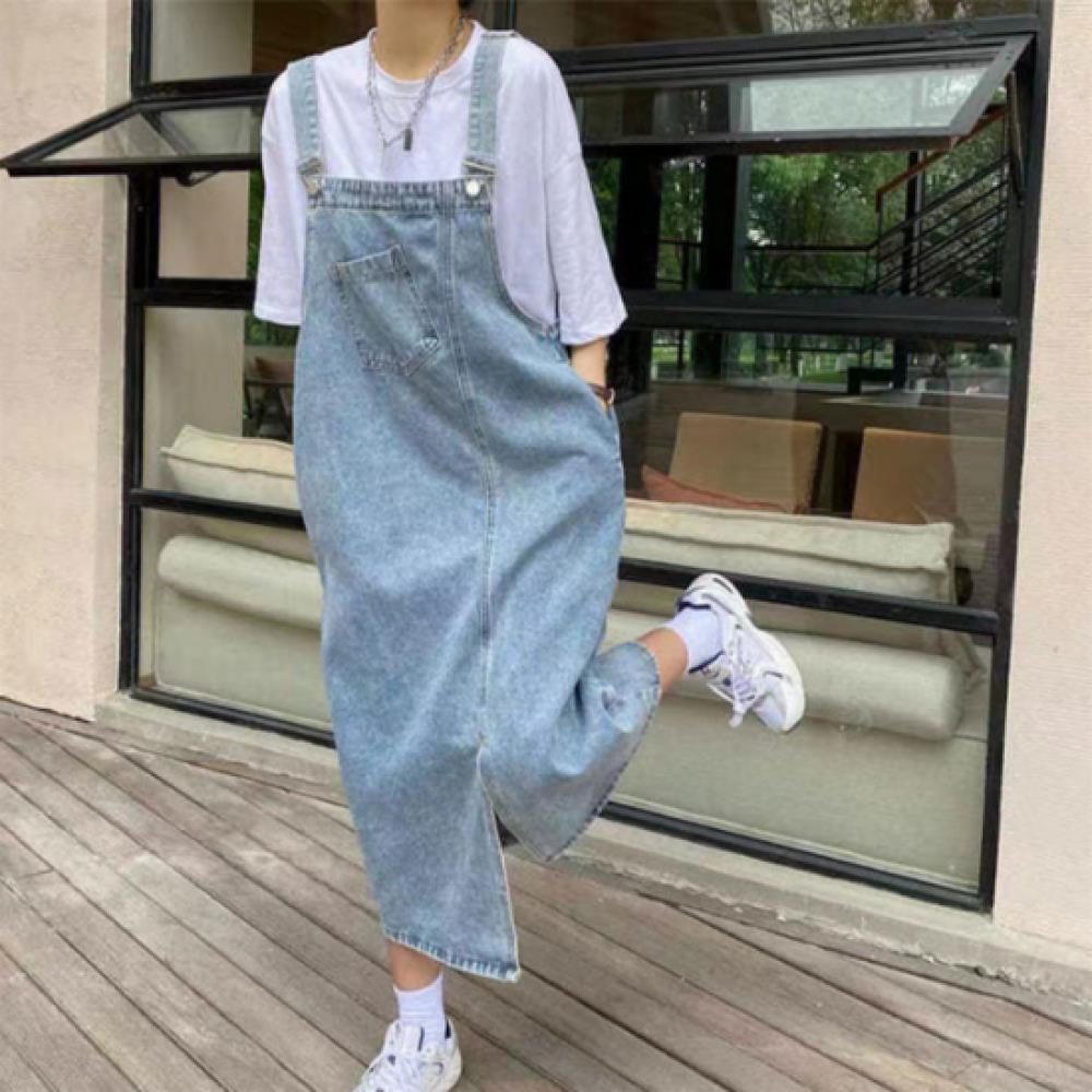 New ArrivalS Open Run Women Denim SuSpender Long DreSS With Pocket DetailS And S