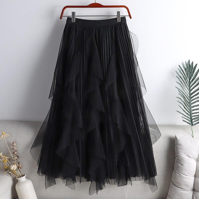 Qooth Summer Long Maxi Skirt Women FCute High-waisted Pleated Kawaii Tulle Skirt Mesh Gauze QT1240