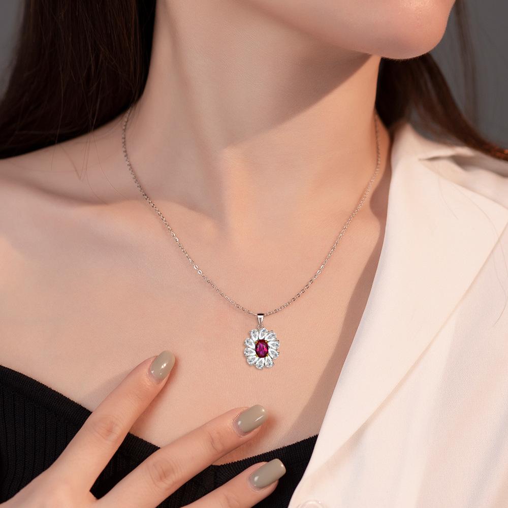 Full Circle Of Water Drop-Shaped Zircon Necklace Women'S Fashion Ruby Pendant Necklace Simple And Versatile S925 Silver Necklace