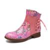 Johnature Genuine Leather Patchwork Printed Ankle Boots Women Shoes Ethnic Style Handmade Round Toe Short Boots