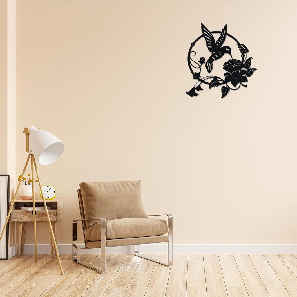 CHIUIN Metal Bird Wall Art Decor Garden Living Room Decor Metal Bird Wall Silhouette Hummingbird Flower Wall Art Hanging Decoration Gift (10in,Black)