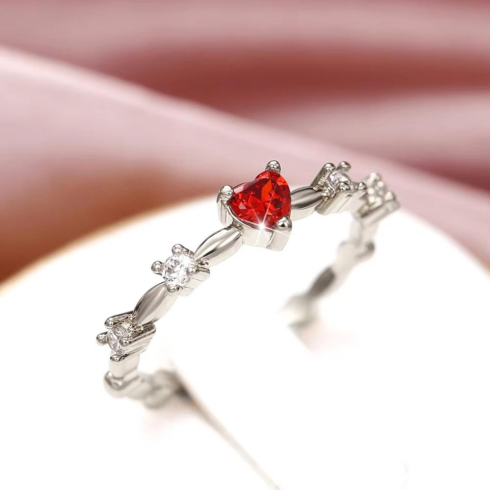 Silve Plated 18K Gold Zircon Red Love Heart Rings for Women Party Wedding High Quality Vintage Fine Jewelry