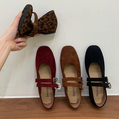 Jonmei для San Винтажные туфли-балетки с леопардовым принтом и двойной пряжкой Doudou Одинарные туфли Женские 2025 Замшевые туфли Мэри Джейн