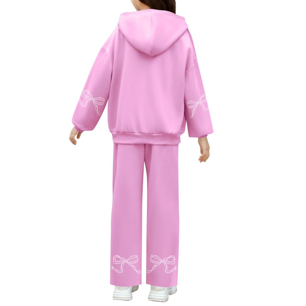 Kids' Plush Long Sleeve Long Pants Loose Pullover Bow Print Hoodie Set