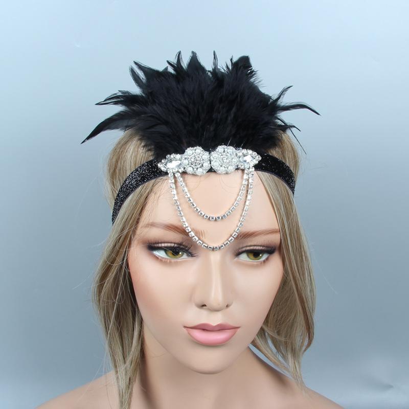 Women Cocktail Feather Headband 1920s Vintage Gatsby Party Headpiece Rhinestone Beaded Lady Black