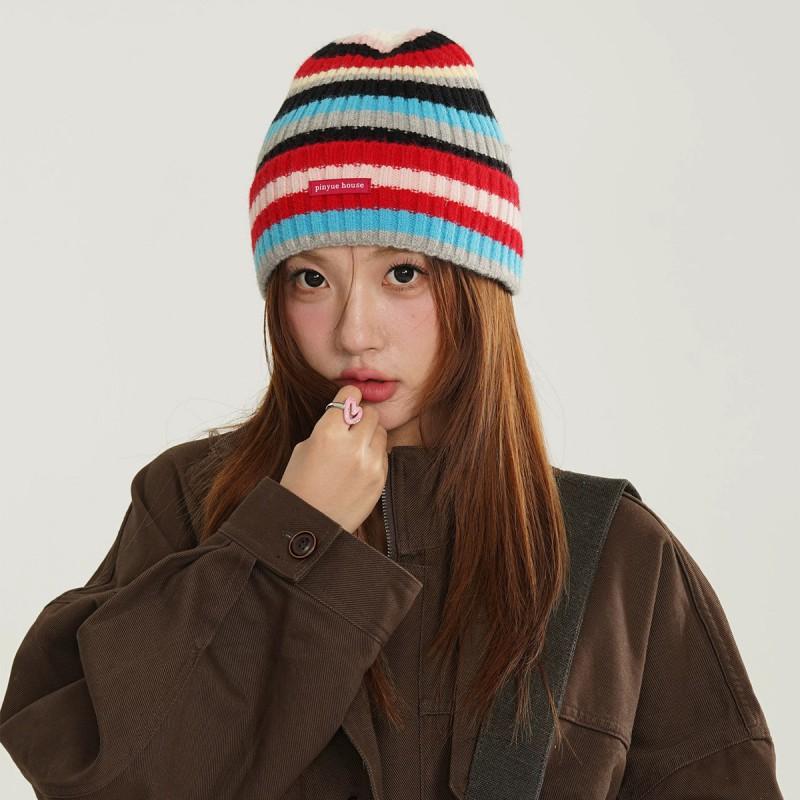 Winter Striped Letter Patch Beanie Hat Men Women Warm Casual Versatile Knit Cap