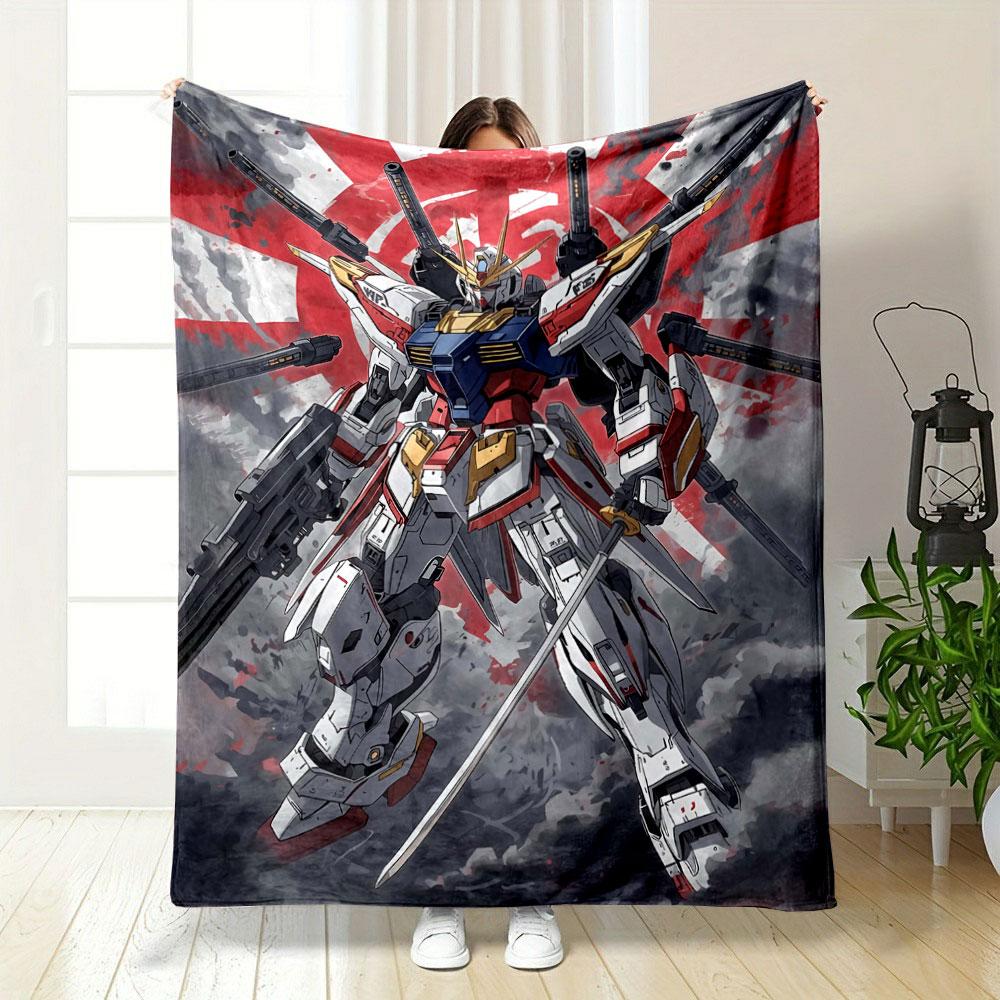 A giant mecha wielding weapons stands against a red and gray dramatic backdrop. for all seasons blanket lunch break throw gift