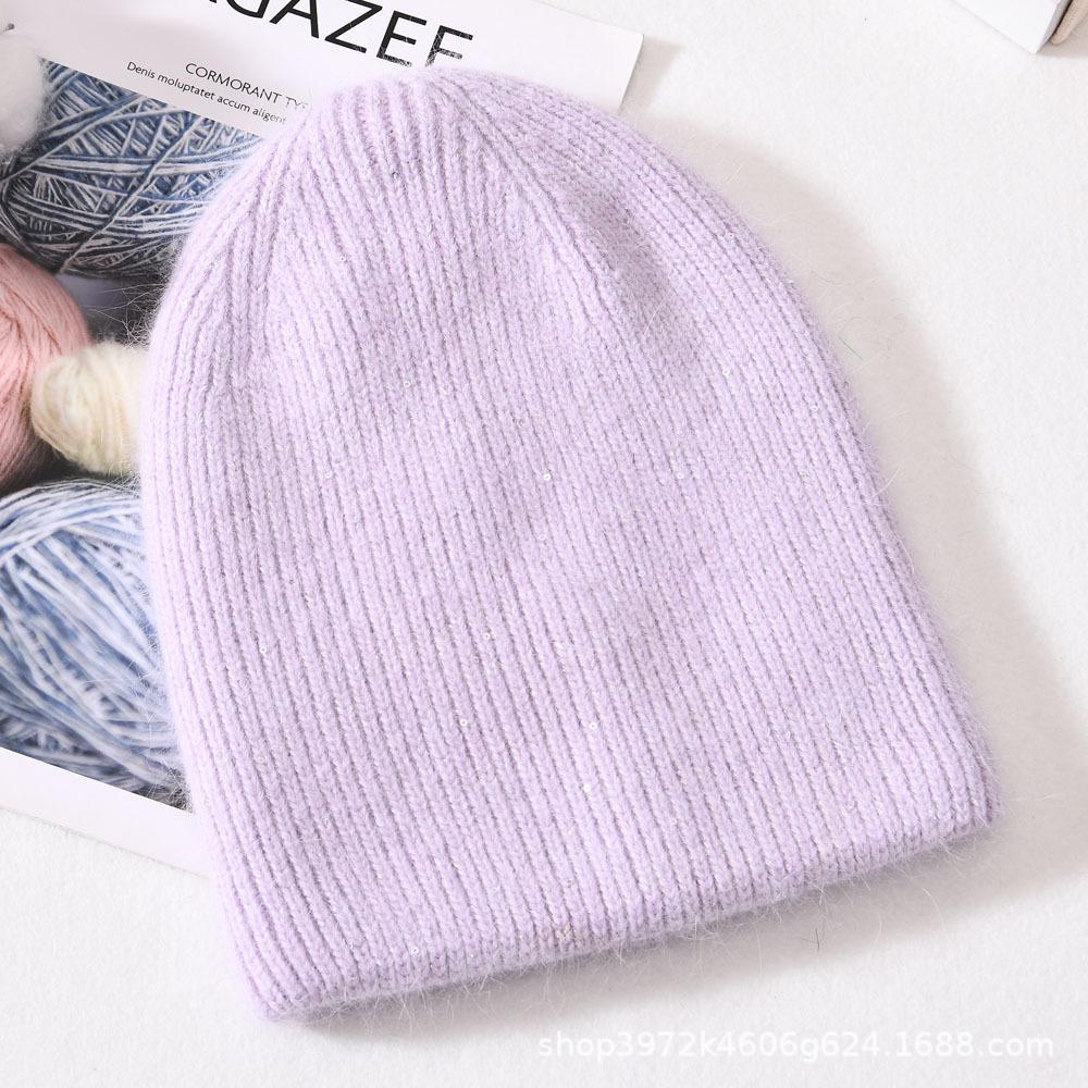 Autumn and winter solid color small sequins soft men's and women's warm wool hats Angola long rabbit hair knitted hat rabbit down cold hat