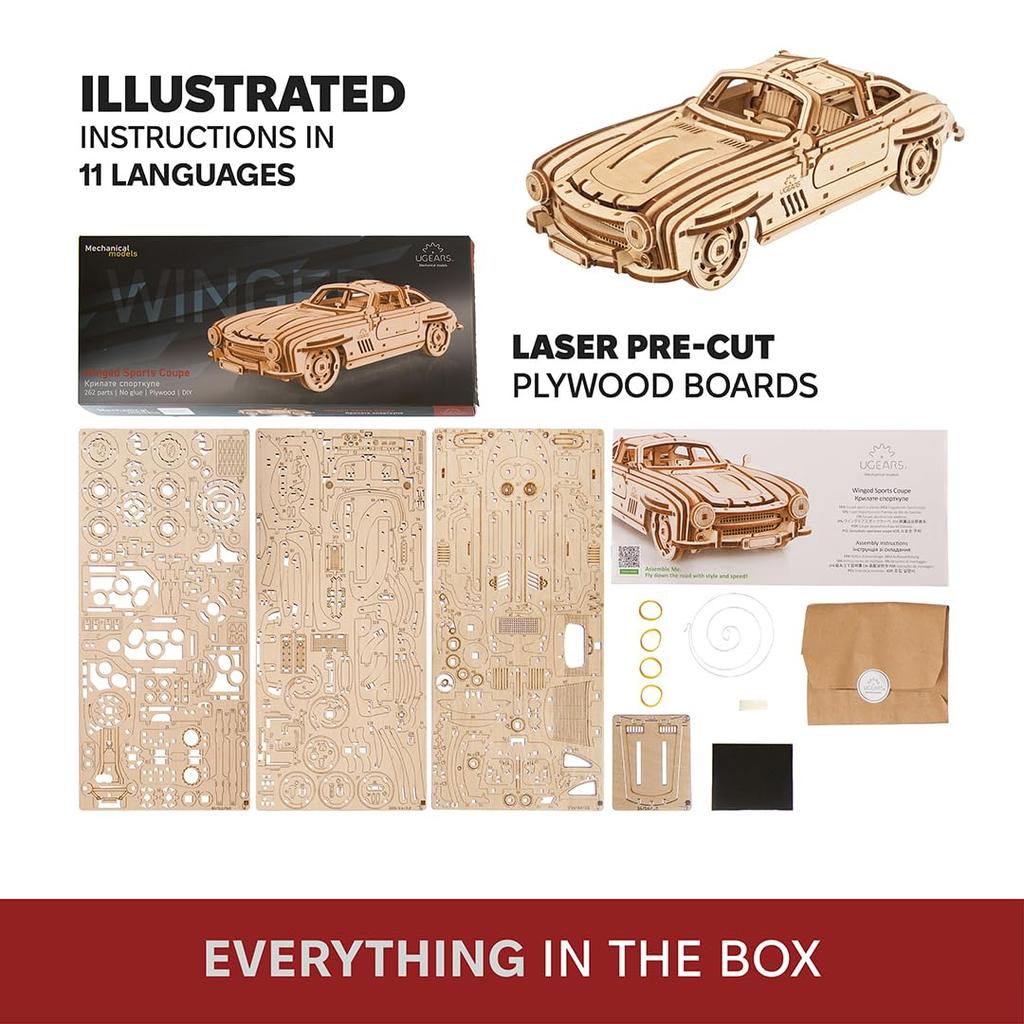 Ugears Wing Door Sports Coupe 70205 Wooden Puzzle, No Glue or Tools Required, 3D Puzzle with Assembly Instructions