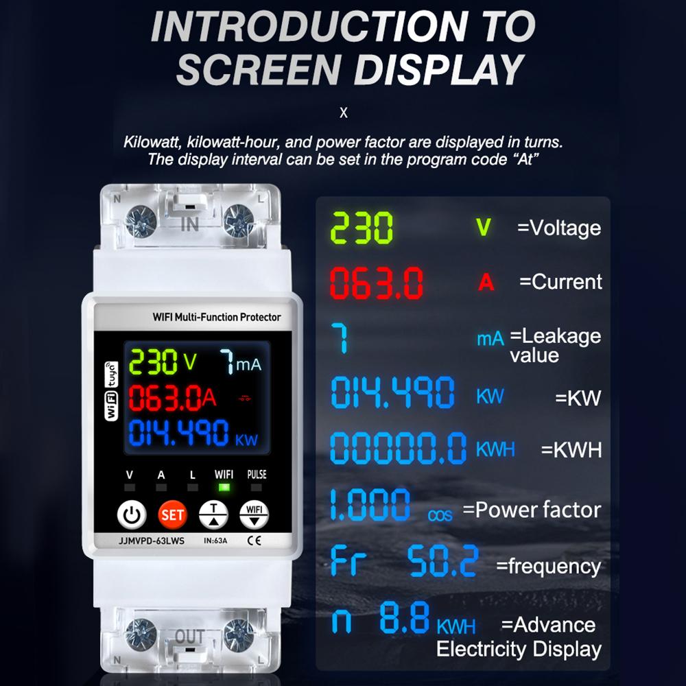 Tuya WiFi Energy Meter, 63A Multifunction Smart Energy Meter Circuit Breaker Overcurrent Protection