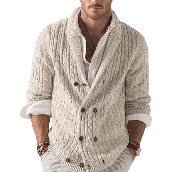 Осень-зима мужской свитер двубортный с пуговицами и лацканами, длинные рукава, скрученная текстура, однотонный, плотный, эластичный, трикотажный