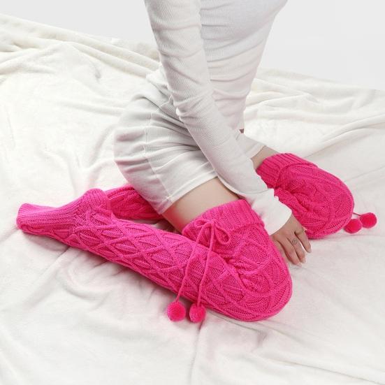 1 пара женских длинных носков однотонных с ромбовидной текстурой осенне-зимние вязаные чулки с шерстяными помпонами для повседневной носки