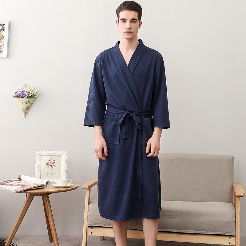 Spring-Summer Waffle Bathrobe: Unisex, Lightweight, 3/4 Sleeves, Korean Style, Absorbent