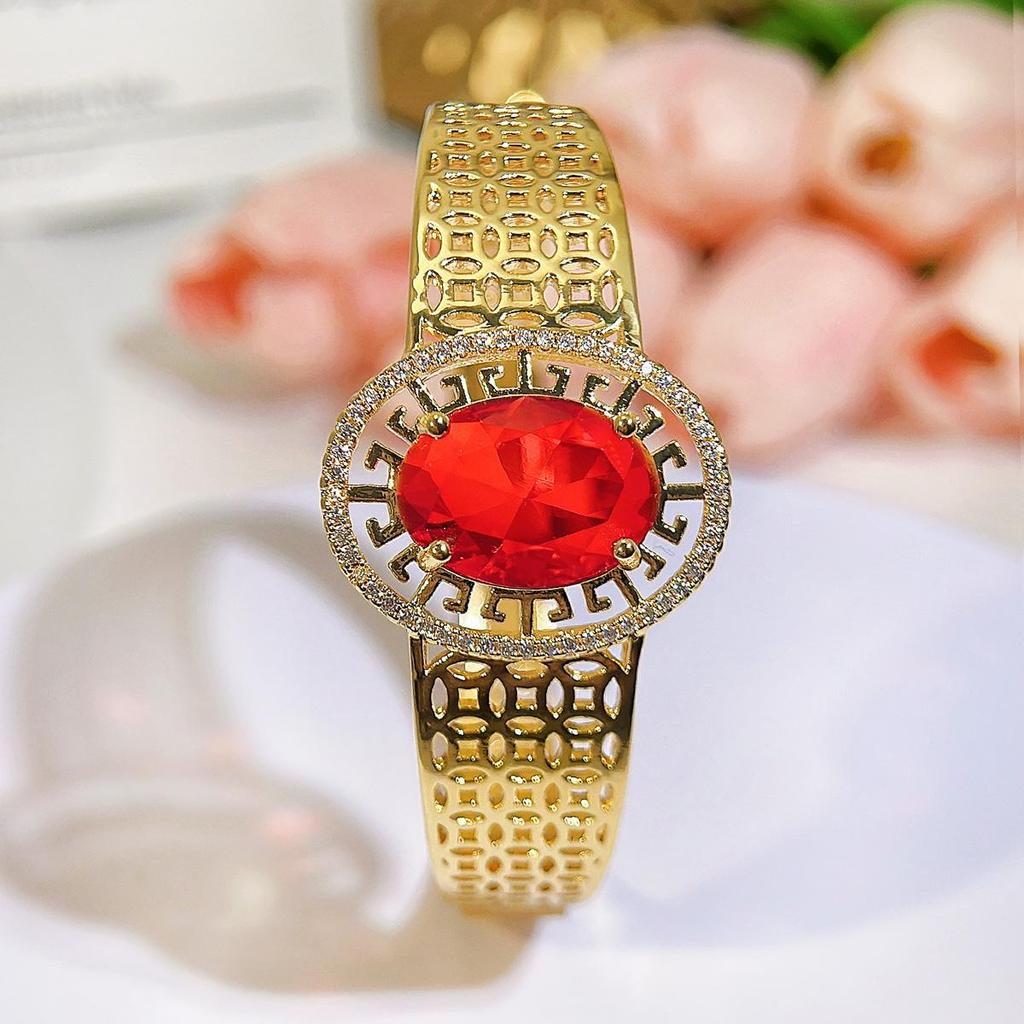 CMM Retro Palace Handmade Hollow Italian Brushed Metal Natural Green Zircon Light Luxury Wide Bracelet Bangle Hand Accessories